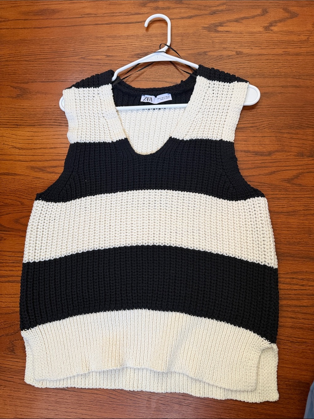 Zara Black and Cream Striped V-Neck Sweater Vest